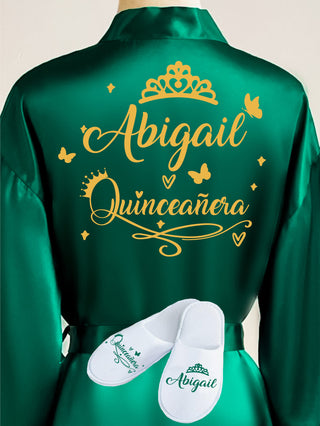 Quinceanera Green with Gold robe with slippers