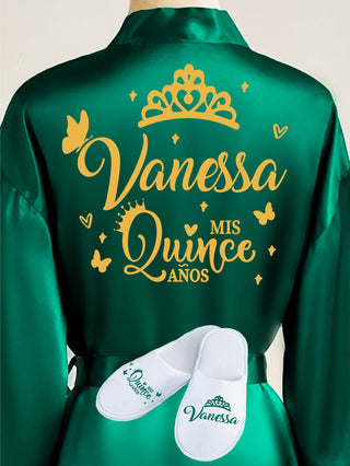 Quinceanera Green with Gold robe with slippers