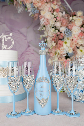 Light blue quinceanera brindis package with bottle and candle / quinceanera- decor