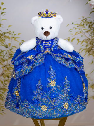 Royal Blue Gold with Flowers Quinceanera Teddy Bear
