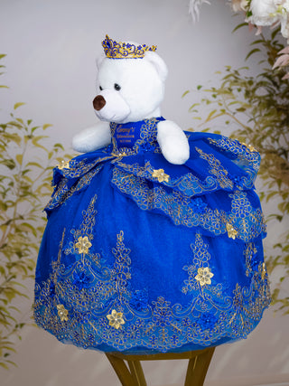 Royal Blue Gold with Flowers Quinceanera Teddy Bear