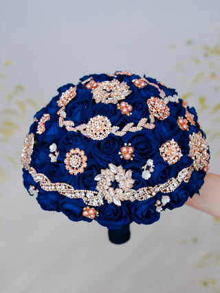 Custom order for Karen Palacios Navy Blue with Rose Gold with Crown and Teddy Bear in matching dress