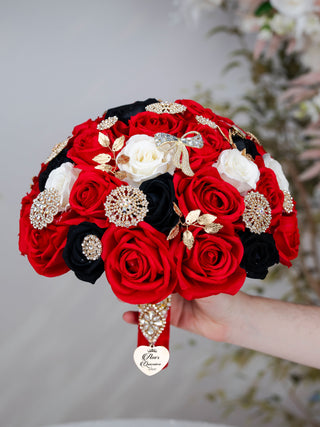 Red Ivory Black quinceanera bouquet 9 inches