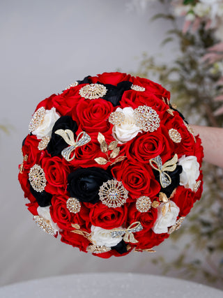 Red Ivory Black quinceanera bouquet 13 inches