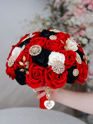 Red Ivory Black quinceanera bouquet 13 inches