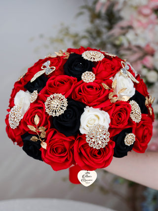 Red Ivory Black quinceanera bouquet 9 inches