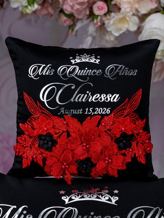 Black Red with Silver quinceanera tiara pillow