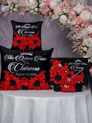 Black Red with Silver quinceanera tiara pillow