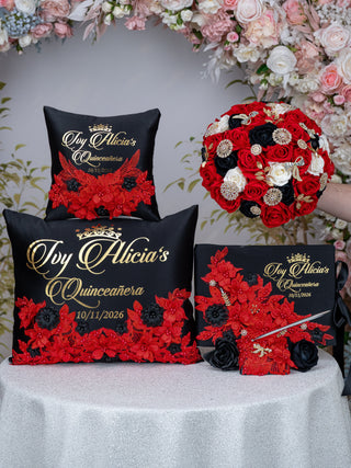 Black with Red Quinceanera theme package of pillows set, guest book and bouquet 9 inches