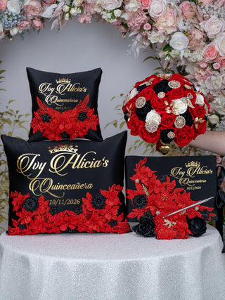Black with Red Quinceanera theme package of pillows set, guest book and bouquet 9 inches