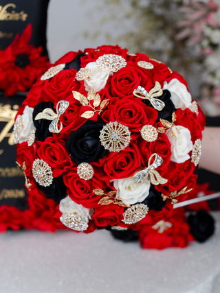 Red Ivory Black quinceanera bouquet 9 inches