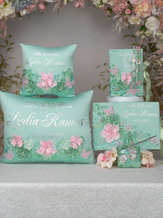 Sage Green Silver Pink Quinceanera Pillows Set