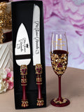 Burgundy quinceanera cake knife set with 1 glass Kitty design