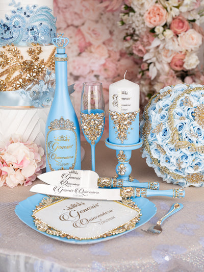 Light Blue Gold quinceanera brindis package with bottle and candle