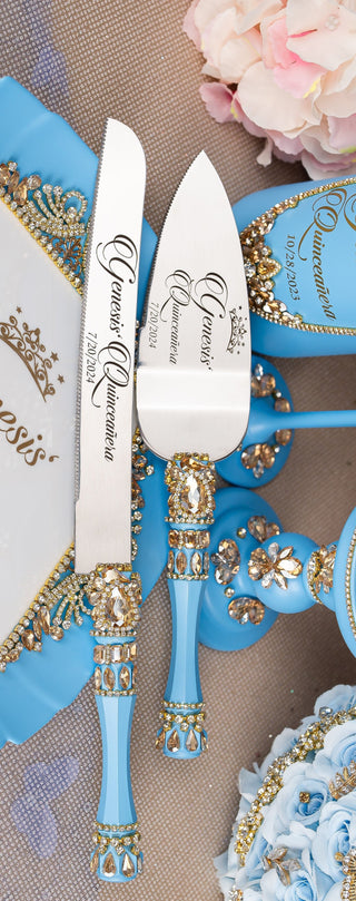 Light Blue Gold quinceanera cake knife and server
