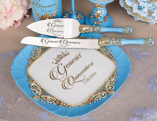 Light Blue Gold quinceanera cake knife set with plate and fork