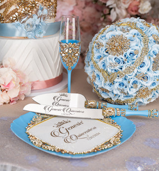 Light Blue Gold quinceanera brindis package with candle