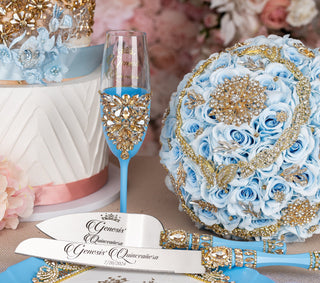 Light Blue Gold quinceanera cake knife set with 1 glass