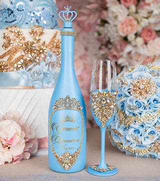 Light Blue Gold quinceanera bottle with 1 glass