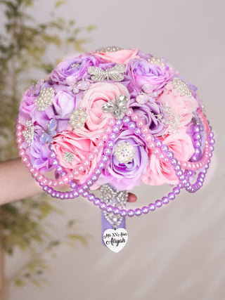 Lilac Pink Silver with Pearl quinceanera bouquet 13 inches