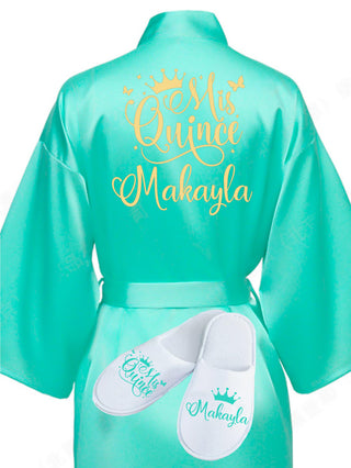 Quinceanera Mint with Gold robe with slippers