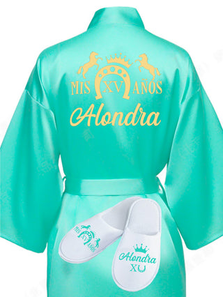 Quinceanera Mint with Gold robe with slippers