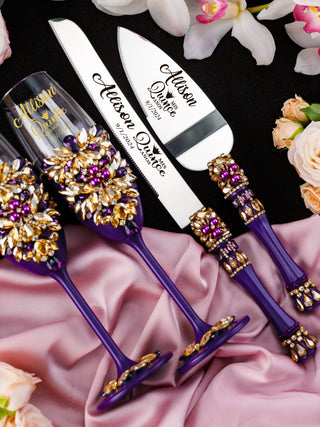 Purple Gold quinceanera cake knife set with 2 glasses