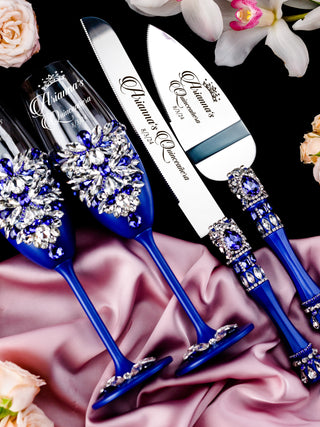 Royal blue silver quinceanera cake knife set with 2 glasses