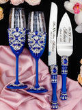 Royal blue silver quinceanera cake knife set with 2 glasses