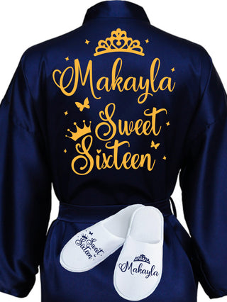 Sweet 16 Navy Blue with Gold robe with slippers