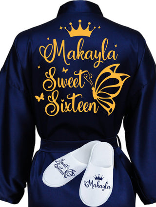 Sweet 16 Navy Blue with Gold robe with slippers