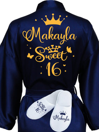 Sweet 16 Navy Blue with Gold robe with slippers