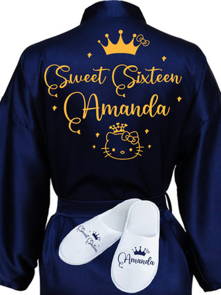 Sweet 16 Navy Blue with Gold robe with slippers