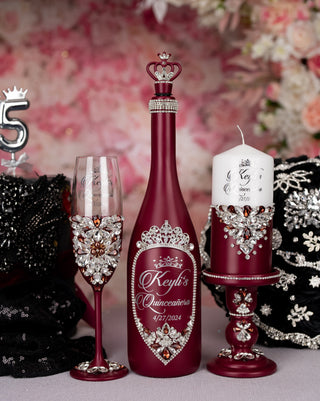 Burgundy Silver Quinceanera Package of Bottle, Glass and Candle