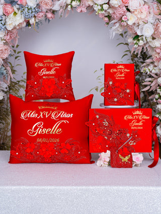Red Quinceanera theme package of pillows set, Bible and guest book