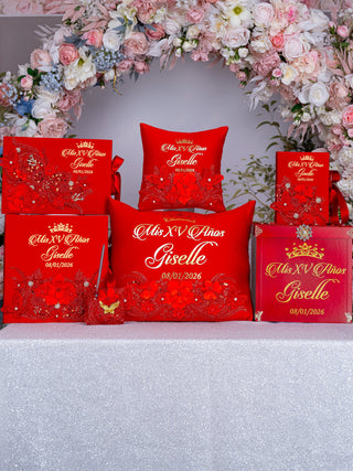 Red Quinceanera theme package of pillows set, Bible and guest book