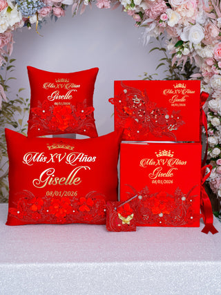 Red Quinceanera theme package of pillows set, Bible and guest book
