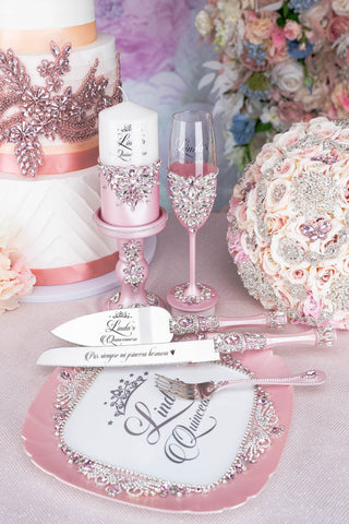 Pink quinceanera brindis package with candle