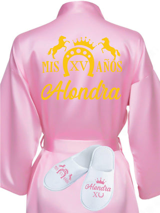 Quinceanera Pink with Gold robe with slippers