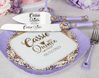 Lavender quinceanera cake knife set with plate and fork