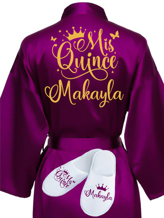 Quinceanera Plum with Gold robe with slippers