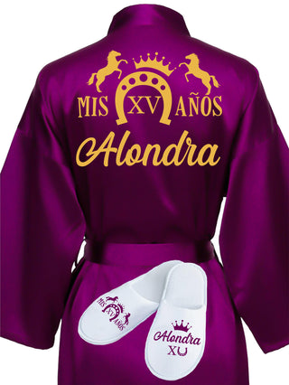 Quinceanera Plum with Gold robe with slippers