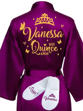 Quinceanera Plum with Gold robe with slippers