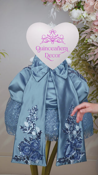 [Kitty] Dusty Blue with Floral Bow La Ultima Muneca for Quinceanera