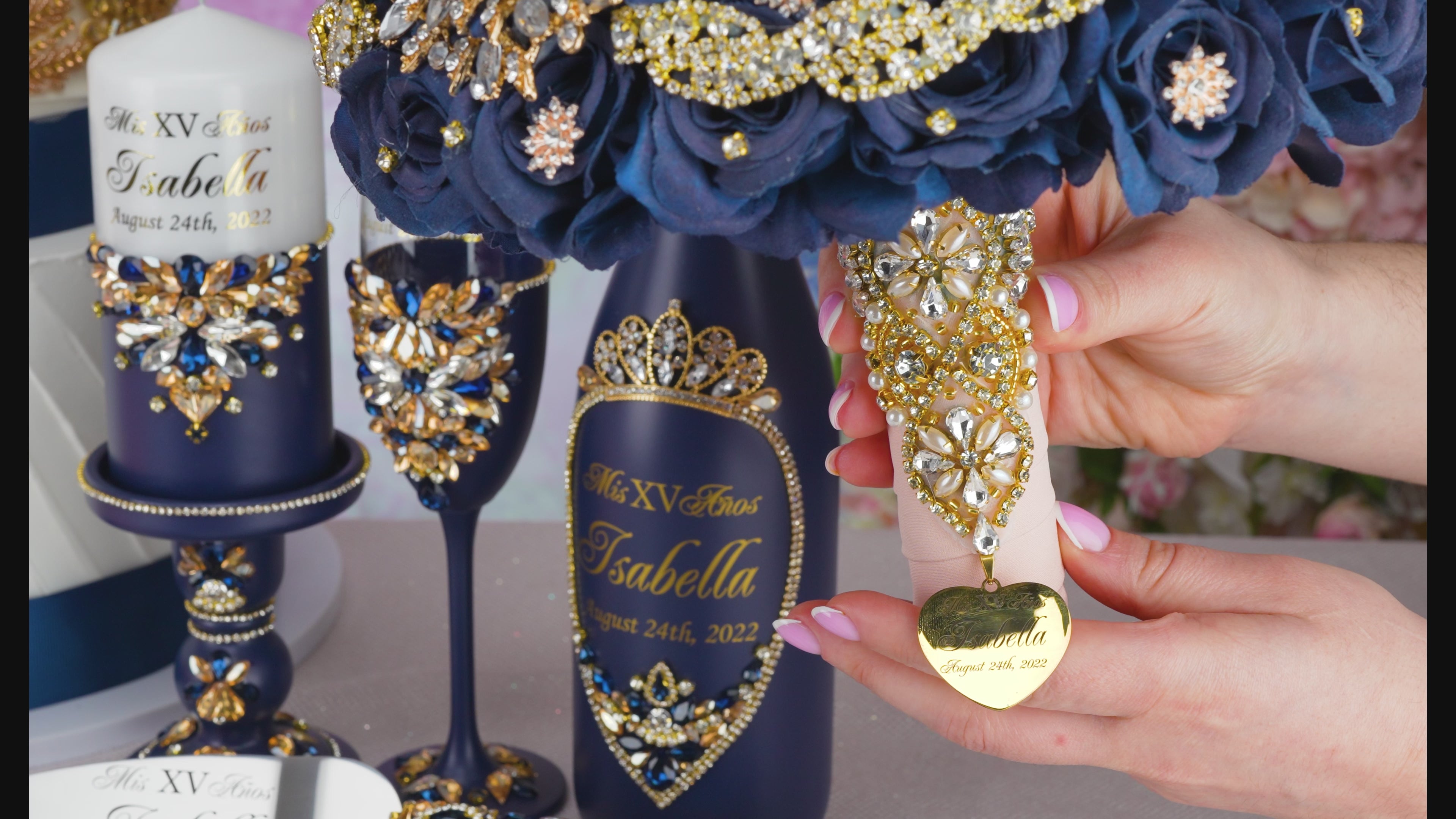 Navy blue with gold quinceanera bouquet 13 inches / quinceanera-decor