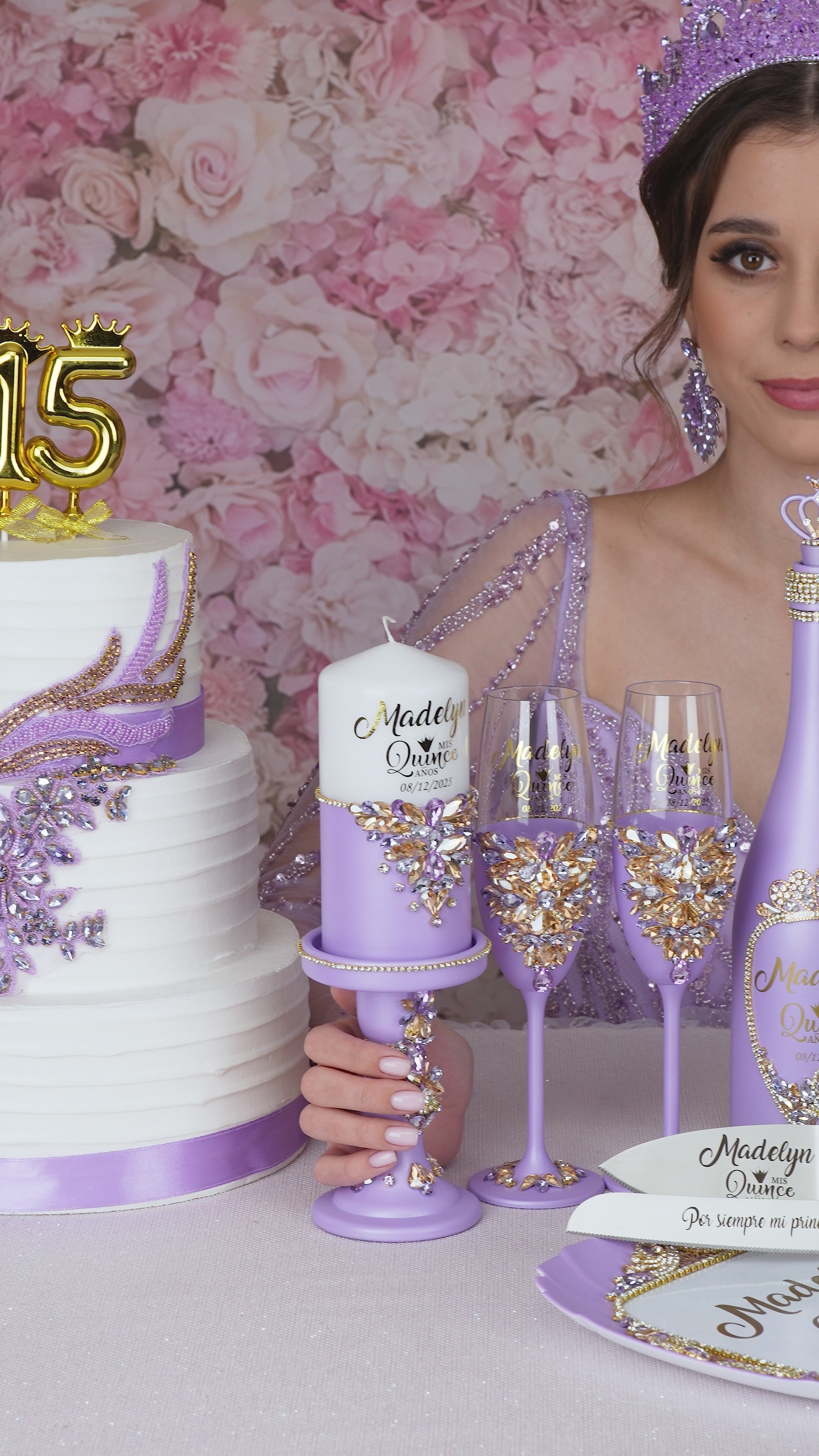 Lilac quinceanera brindis package with bottle and candle / quinceanera-decor