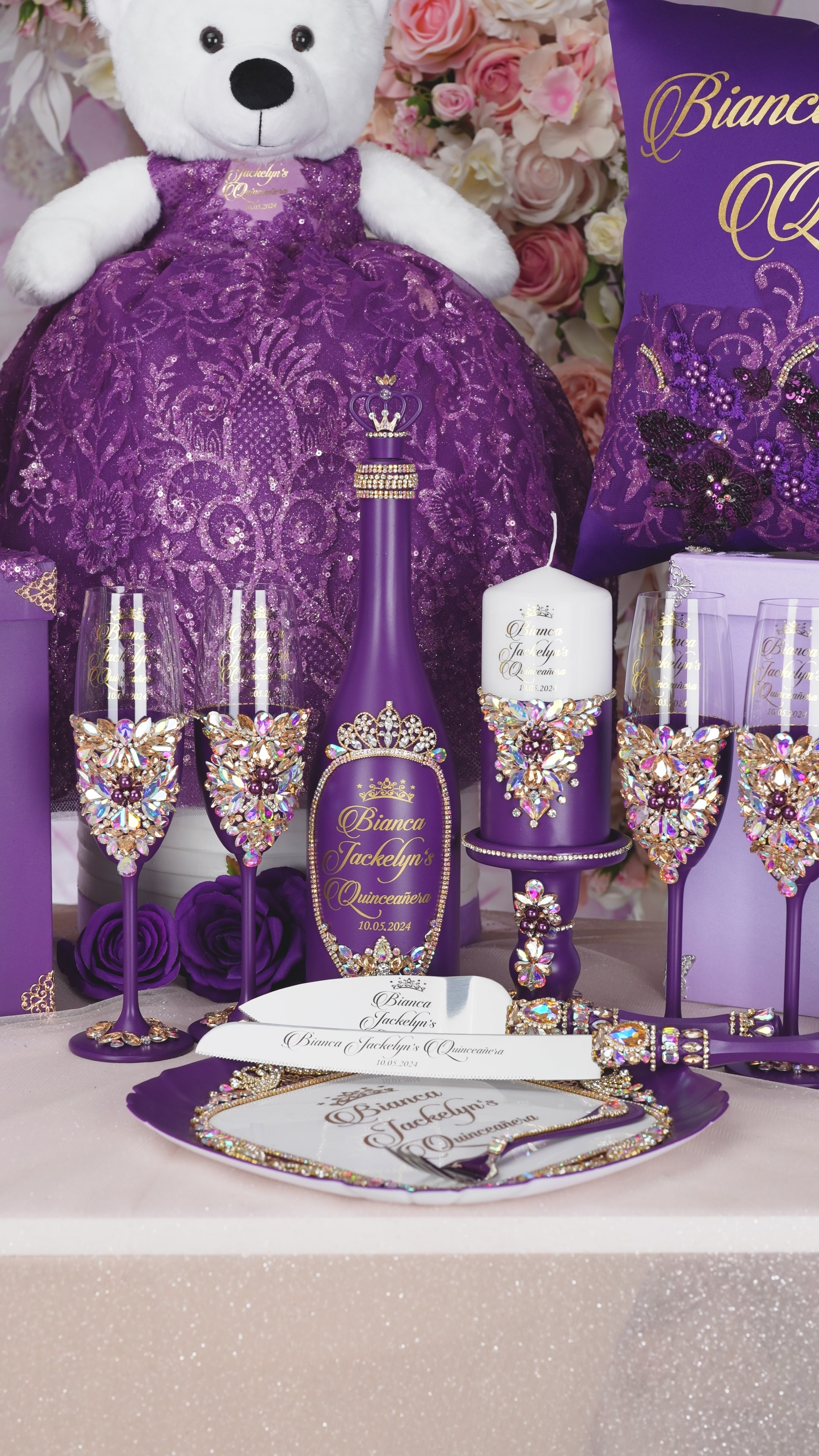 Plum Quinceanera brindis package with bottle and candle