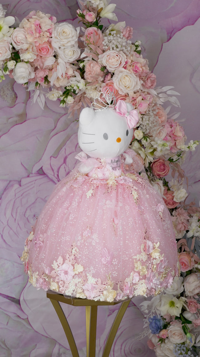 open lace back dress Pink with flowers Kitty for Quinceanera