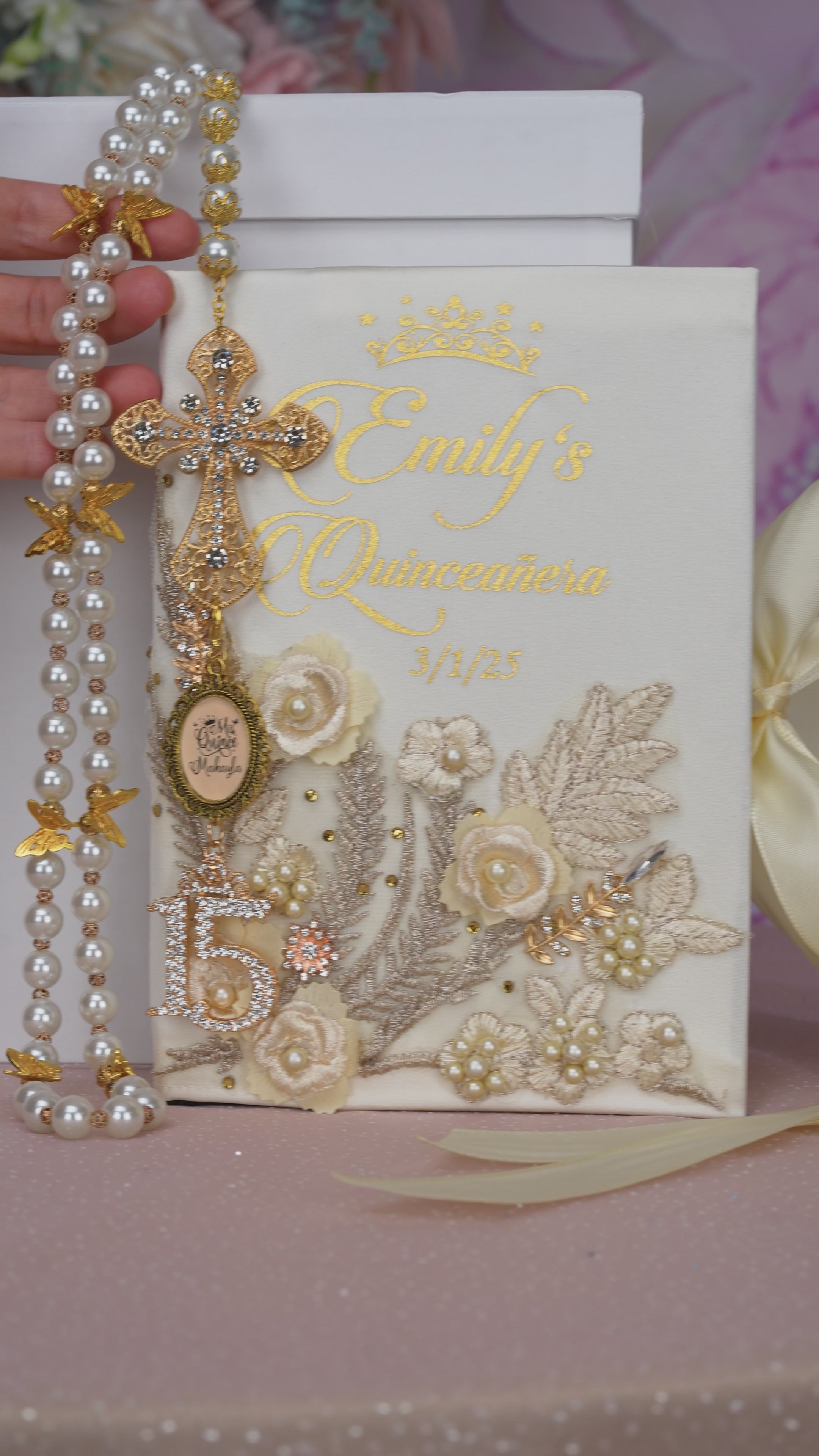 Gold Quinceanera Rosary | Mis Quince Rosario | Ivory Cross Mis XV