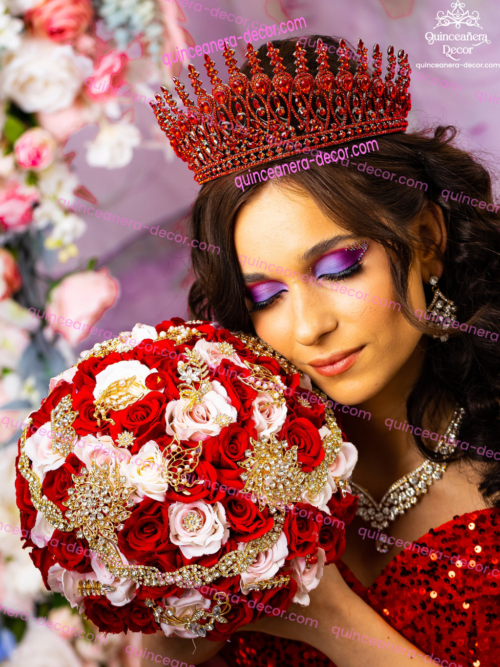 Quinceanera red and gold bouquet 13 inches / quinceanera-decor